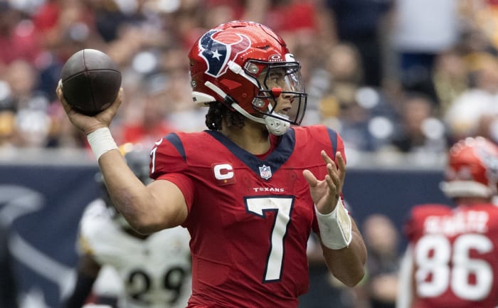 Texans rookie quarterback C.J. Stroud recorded his second 300-yard game of the season against the Steelers in Week 4.